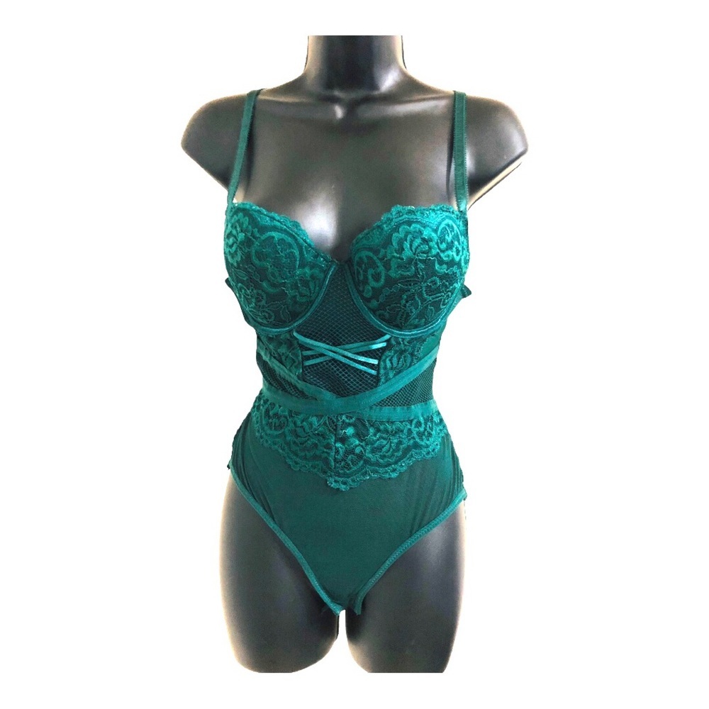 Forest dark green lace padded bra panel waist‎ sheer teddy bodysuit size medium